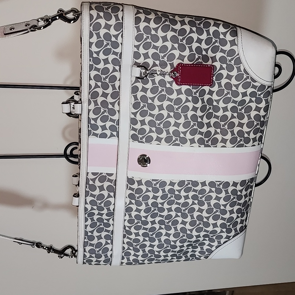 Coach Large Leather Pink Gray Business Work Tote Diaper Bag Signature C Rare - Picture 3 of 16